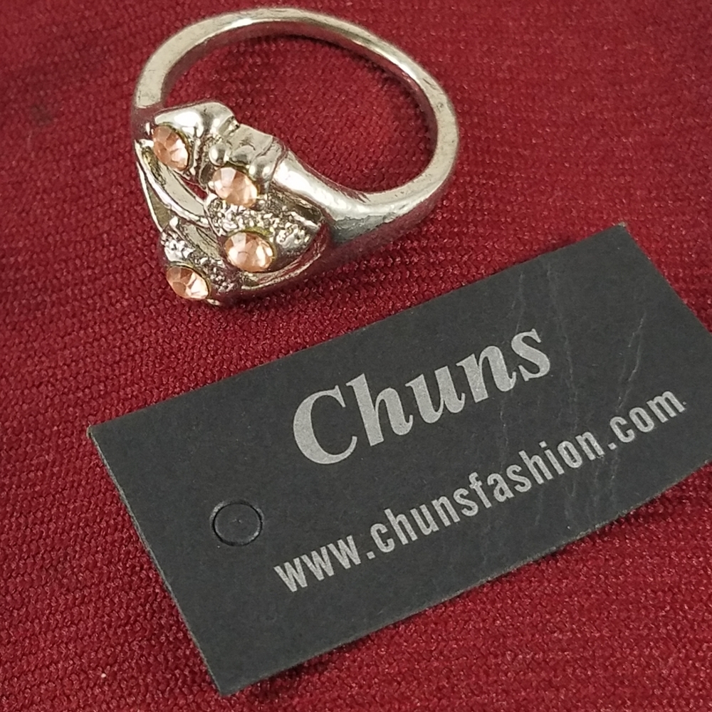 Womens Silver Tone Ring Chuns Pink Tree Leaves 4 Stones 9.5 New Manicure Massage